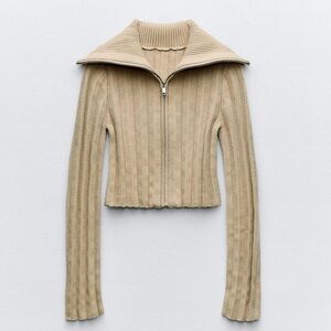 Zara Beige Ribbed Zip-Up cropped sweater